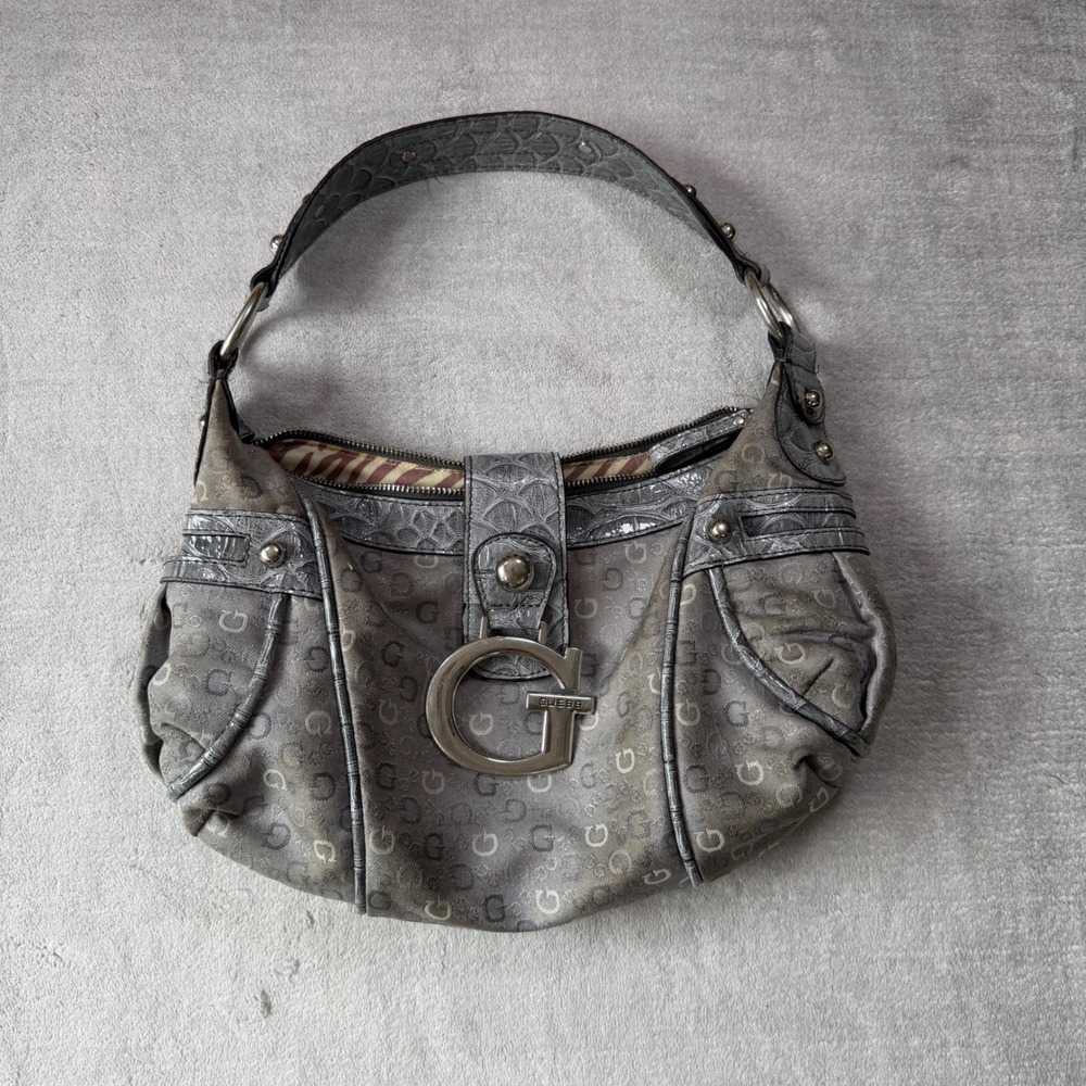 Vintage Guess Purse Womens Grey Shoulder Bag Mcbling Monogram Croc Trim Y2K